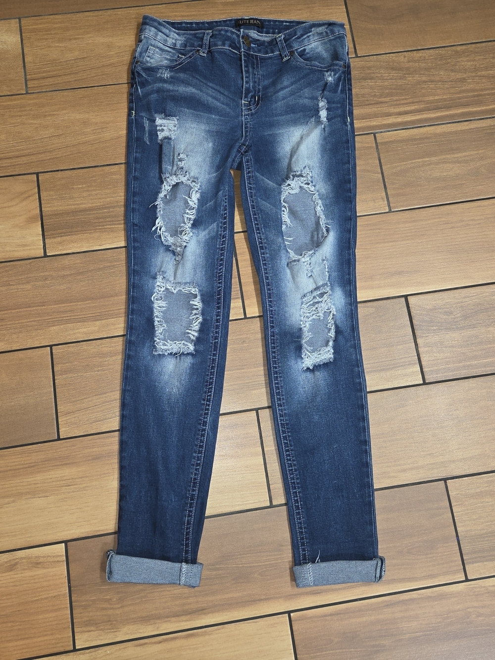 Women's Distressed Skinny Jeans in Dark Blue by Liy Jean